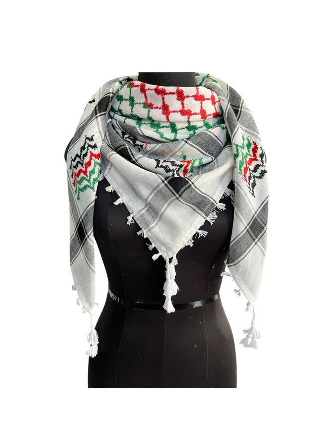Palestine Keffiyeh Arafat Scarf, White and Grey with Embroidered Pattern, Red and Green Indian Accents, Tasseled Edges - Image 3
