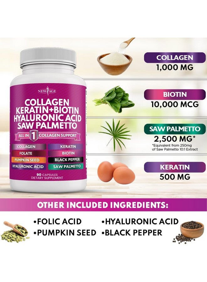 NEW AGE Collagen Pills Biotin Keratin Saw Palmetto Hyaluronic Acid - Vitamin E Folic Acid Pumpkin Seed MSM - 90 Count (Pack of 2) - Image 4