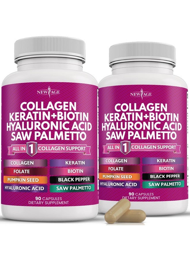 NEW AGE Collagen Pills Biotin Keratin Saw Palmetto Hyaluronic Acid - Vitamin E Folic Acid Pumpkin Seed MSM - 90 Count (Pack of 2) - Image 1