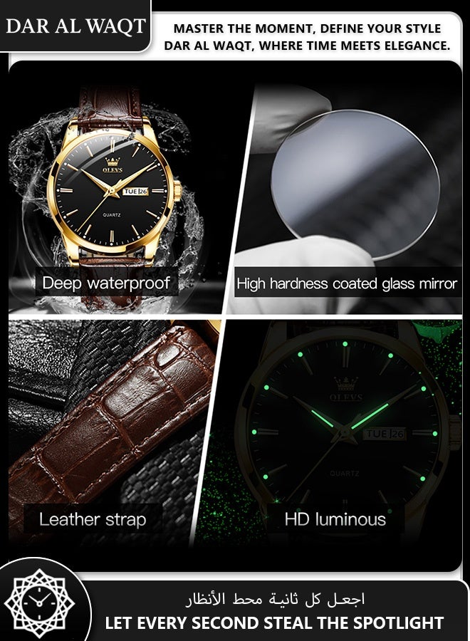 أوليفز ساعة رجالية فاخرة من OLEVS – حركة كوارتز، حزام بني، علبة ذهبية، قرص أسود - Image 4