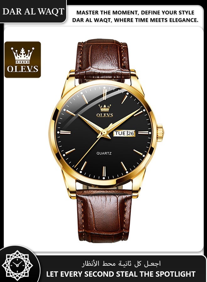 أوليفز ساعة رجالية فاخرة من OLEVS – حركة كوارتز، حزام بني، علبة ذهبية، قرص أسود - Image 1