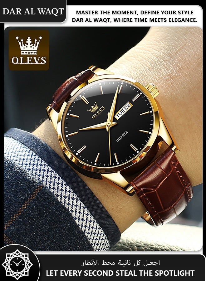 أوليفز ساعة رجالية فاخرة من OLEVS – حركة كوارتز، حزام بني، علبة ذهبية، قرص أسود - Image 2