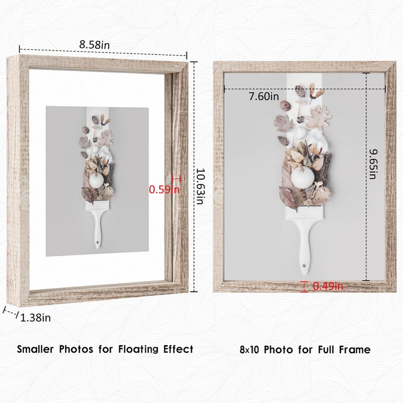 Muye 8x10 إطار عائم منضدة بيج بيضاء النمط الخشب النمط الزجاجي المزدوج مجموعة إطار الصورة من 2 عرض أي صورة حتى 8x10 حامل الجدار أو حامل الطاولة - Image 2