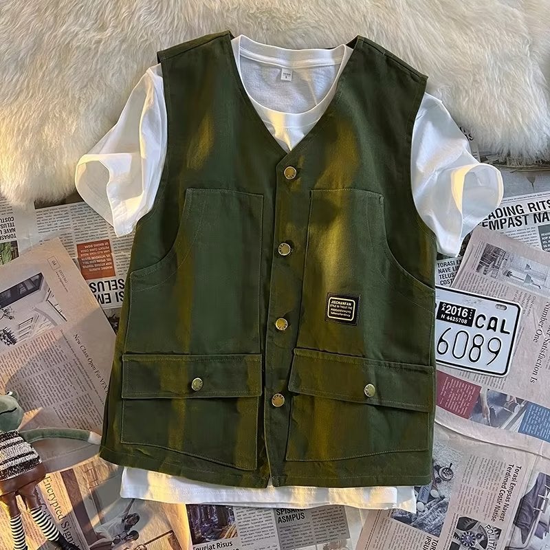 Summer Overalls Cotton Vest Men'S And Women'S Trendy Multi-Pocket Japanese-Style Harajuku Functional Loose Sleeveless Waistcoat Men'S - Image 4