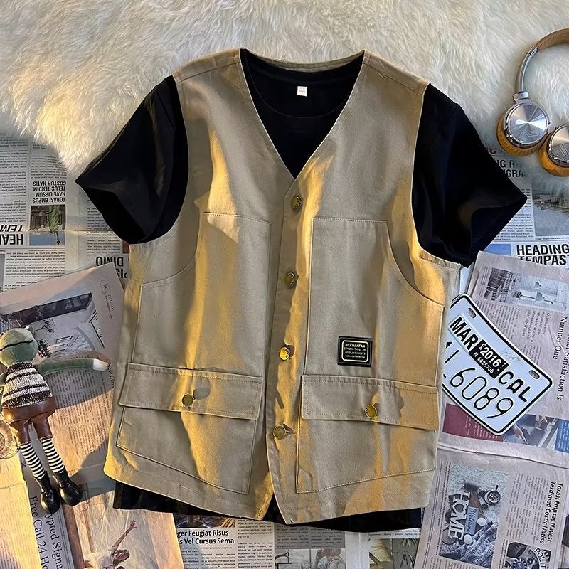 Summer Overalls Cotton Vest Men'S And Women'S Trendy Multi-Pocket Japanese-Style Harajuku Functional Loose Sleeveless Waistcoat Men'S - Image 3