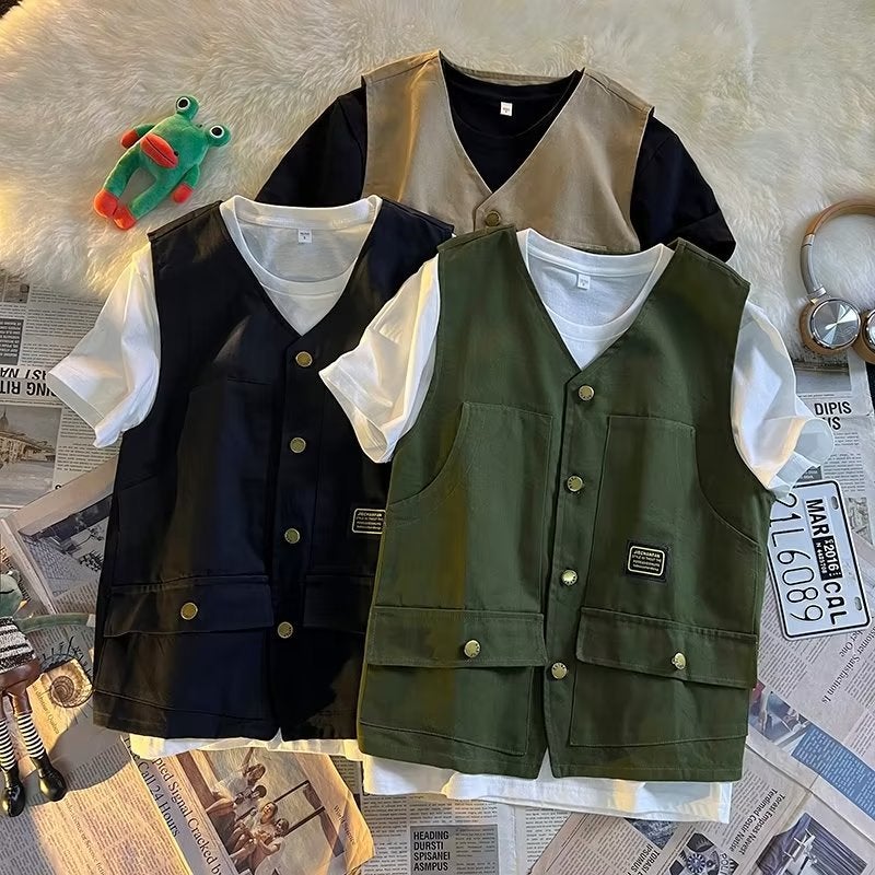 Summer Overalls Cotton Vest Men'S And Women'S Trendy Multi-Pocket Japanese-Style Harajuku Functional Loose Sleeveless Waistcoat Men'S - Image 2