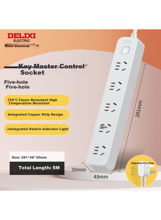Delixi National Standard Power Strip/extension Cord/surge Protector/power Bar/power Strip/power Board 5 Outlets With Master Switch 5 Meters Moonlight Gray - Image 1