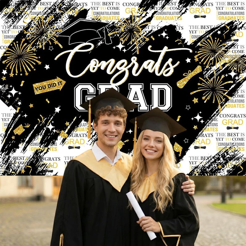 Mocsicka Graduation Backdrop Congrats Grad Black and Golden Graduate Party Decorations Background Class of 2024 Photography Backdrops (Black, 7x5ft) - Image 3