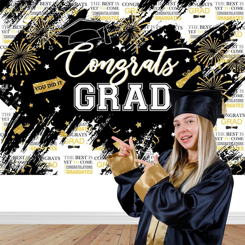 Mocsicka Graduation Backdrop Congrats Grad Black and Golden Graduate Party Decorations Background Class of 2024 Photography Backdrops (Black, 7x5ft) - Image 4