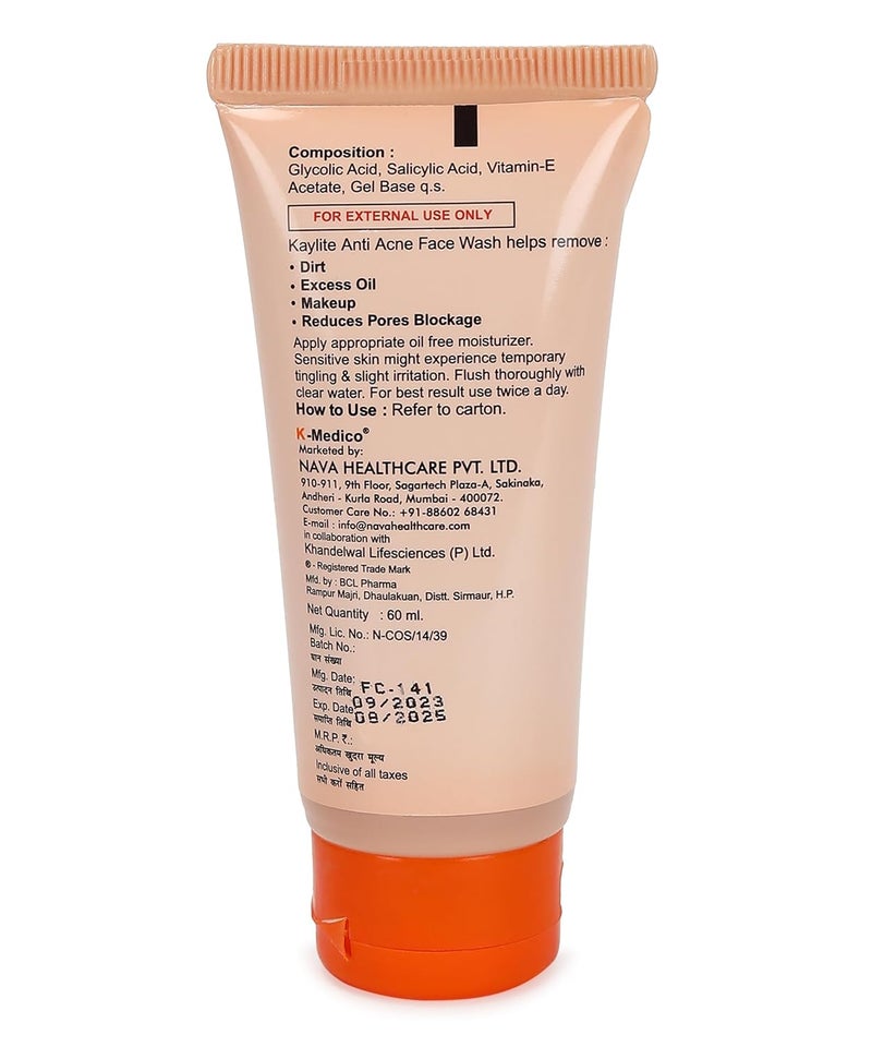 Kaylite Facial Cleanser anti acne face wash Salicylic acid and vitamin EAcetate Gel Oil FreePack of 4 240 ML - Image 2