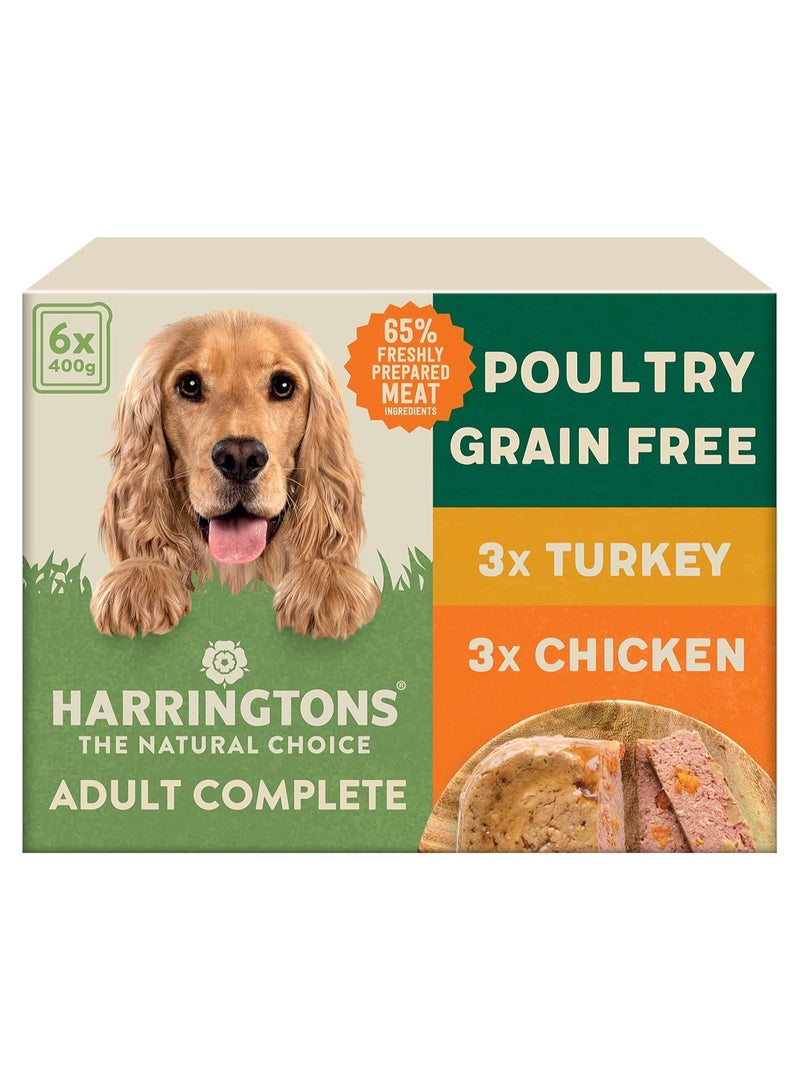 HARRINGTONS Complete Wet Tray Grain Free Hypoallergenic Adult Dog Food Poultry Pack 6x400g - Turkey & Chicken - Made with All Natural Ingredients - Image 1