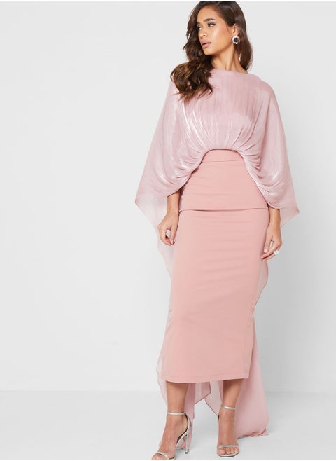 Waterfall Trim Cape Sleeve Dress