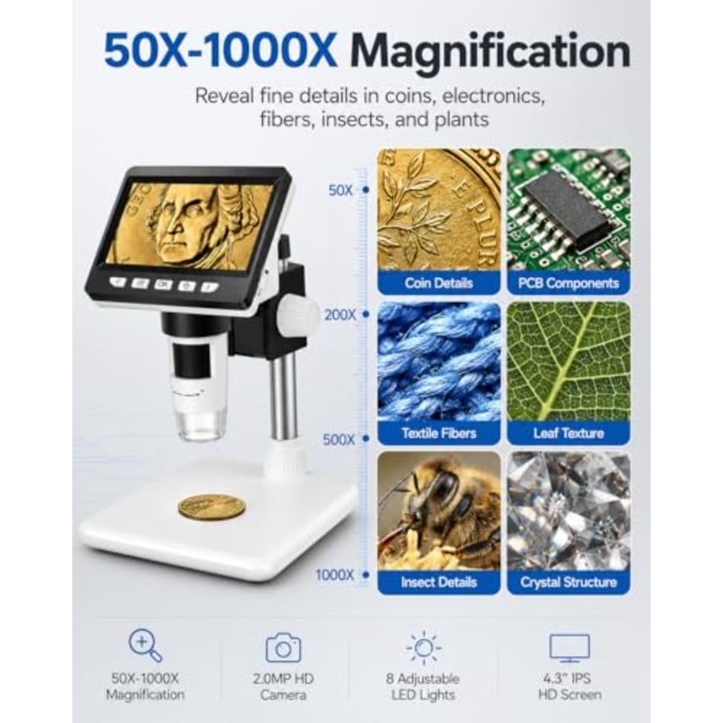 كاميرا ميكروسكوب رقمية لفحص العملات المعدنية هيكل معدني لون اسود تكبير 50X-1000X بدقة 1080P و 8 مصابيح LED قابلة للتعديل - Image 3