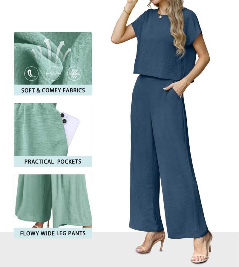 Lepunuo 2025 Summer Two Piece Outfit Cap Sleeve Top and Loose Wide Leg Pants Lounge Matching Set Vacation Tracksuit - Image 2