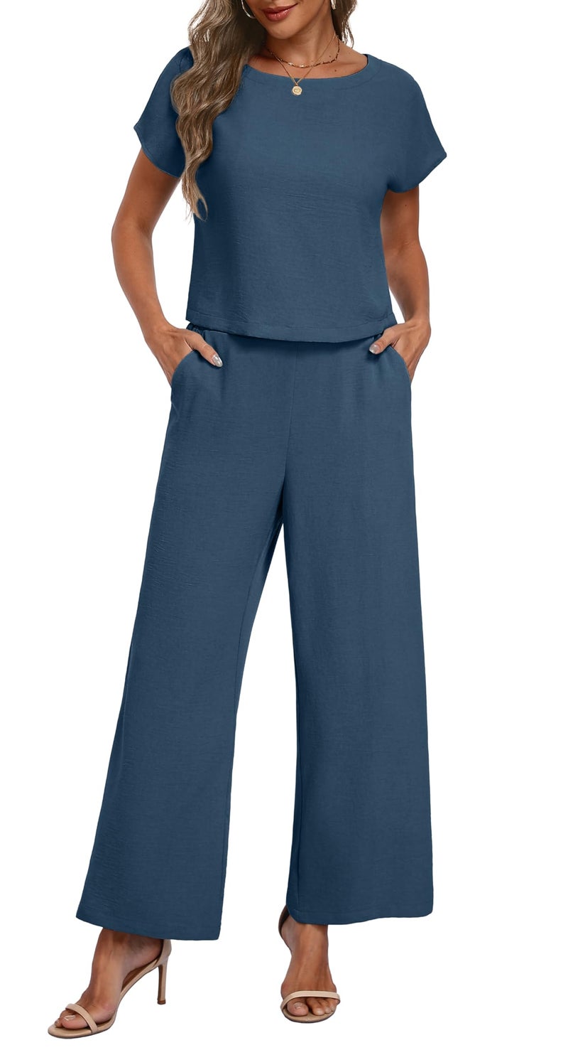 Lepunuo 2025 Summer Two Piece Outfit Cap Sleeve Top and Loose Wide Leg Pants Lounge Matching Set Vacation Tracksuit - Image 1