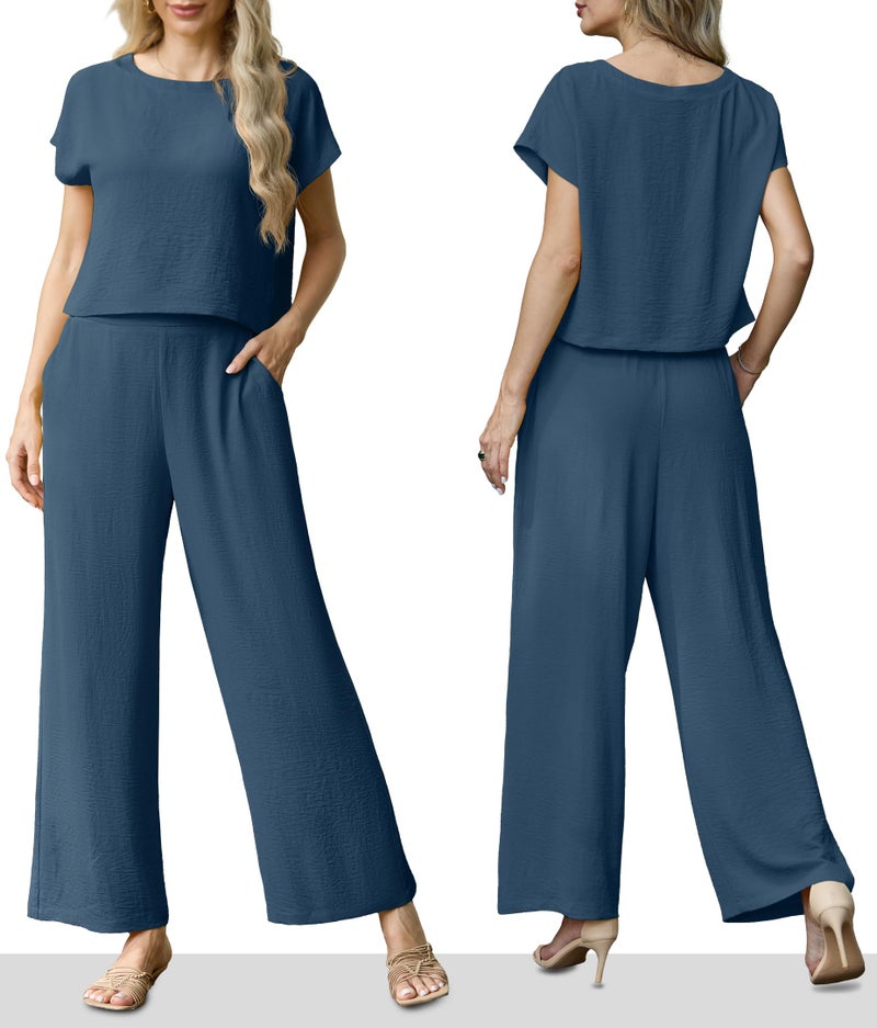 Lepunuo 2025 Summer Two Piece Outfit Cap Sleeve Top and Loose Wide Leg Pants Lounge Matching Set Vacation Tracksuit - Image 4