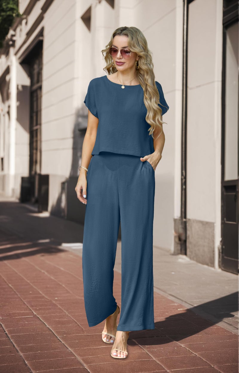 Lepunuo 2025 Summer Two Piece Outfit Cap Sleeve Top and Loose Wide Leg Pants Lounge Matching Set Vacation Tracksuit - Image 3