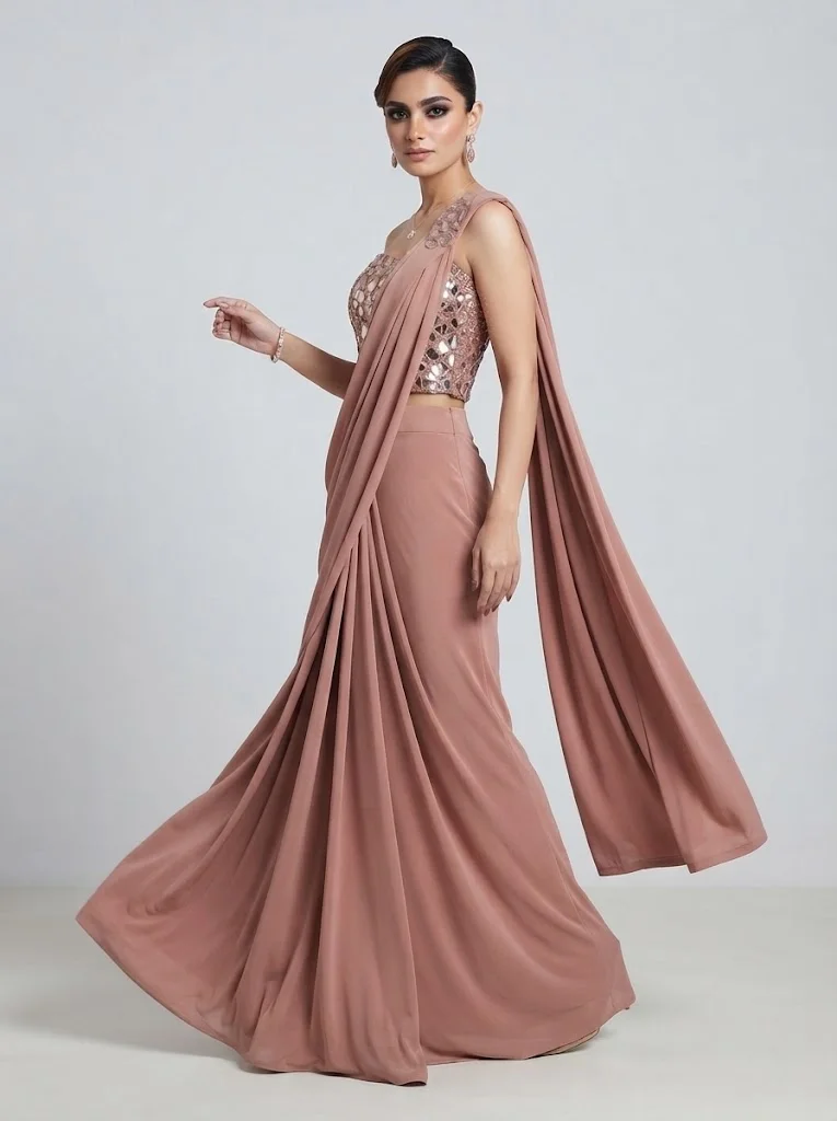 Viny  Viny Women's Saree with Mirror Work One-Shoulder Blouse – Ready-to-Wear Draped Saree Set – Ramadan & Eid – Rust – Indian Ethnic Wear for Women | Best Price UAE