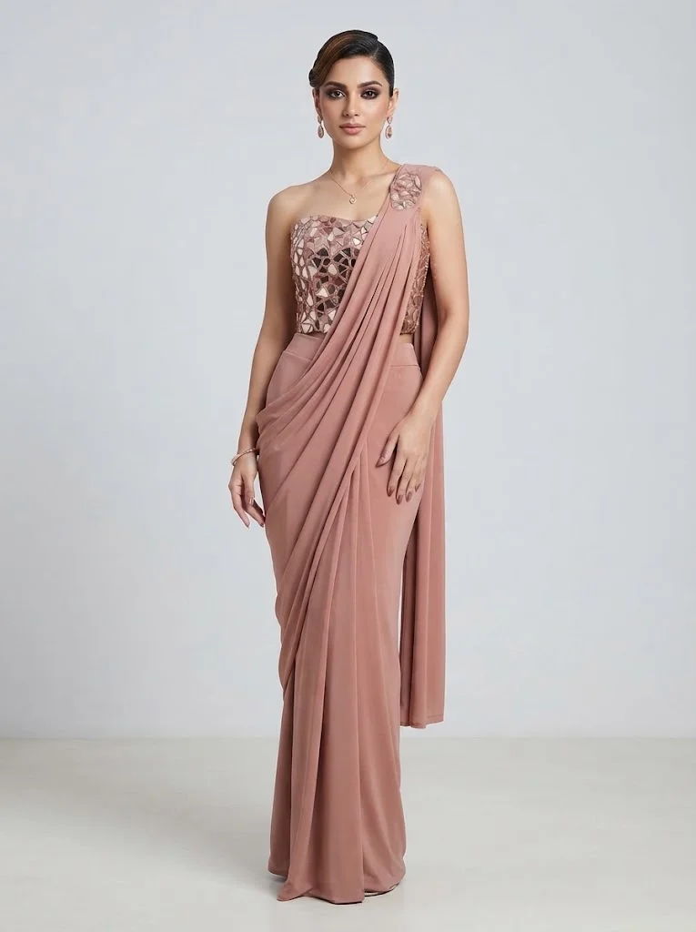 Viny Women's Saree with Mirror Work One-Shoulder Blouse – Ready-to-Wear Draped Saree Set – Ramadan & Eid – Rust – Indian Ethnic Wear