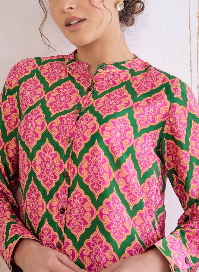 SASSAFRAS Emerald Kasturi Crepe Front Button Top with Sharara Pants Set - Image 4