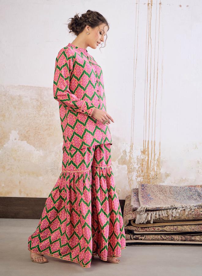SASSAFRAS Emerald Kasturi Crepe Front Button Top with Sharara Pants Set - Image 3