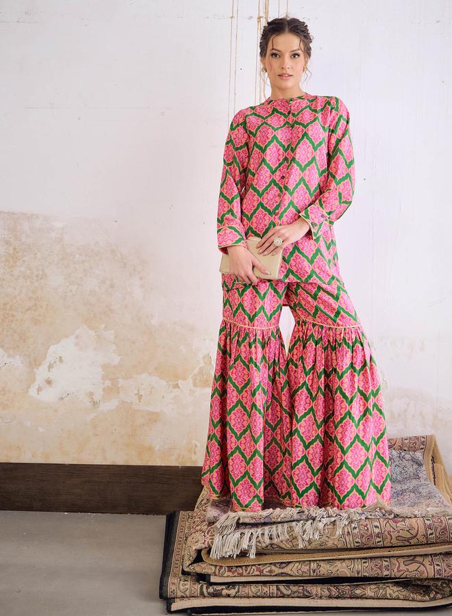 SASSAFRAS Emerald Kasturi Crepe Front Button Top with Sharara Pants Set - Image 1