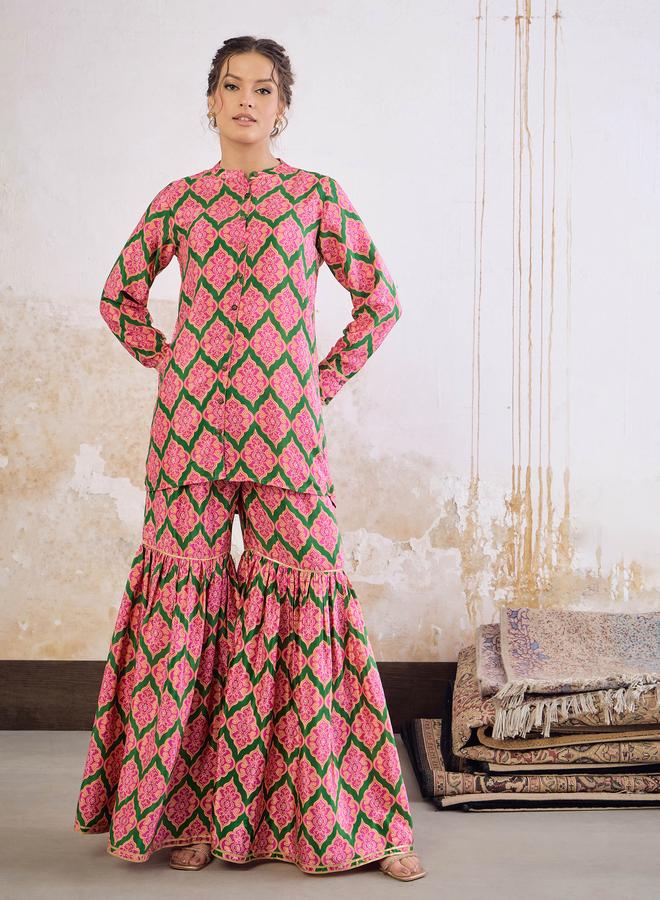 SASSAFRAS Emerald Kasturi Crepe Front Button Top with Sharara Pants Set - Image 2