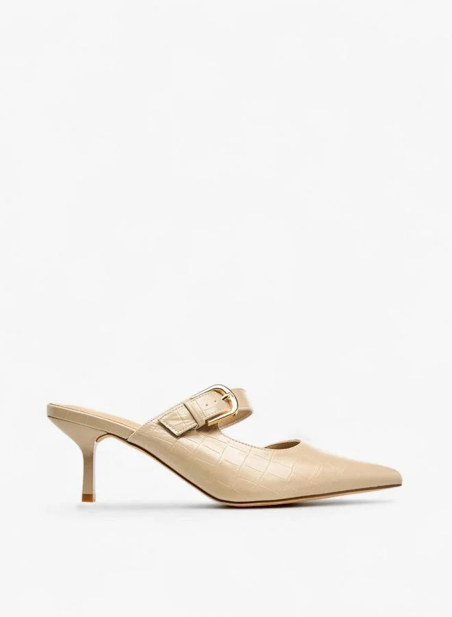 Flora Bella By Shoexpress Womens Textured Buckle Detail Flared Heel Mules