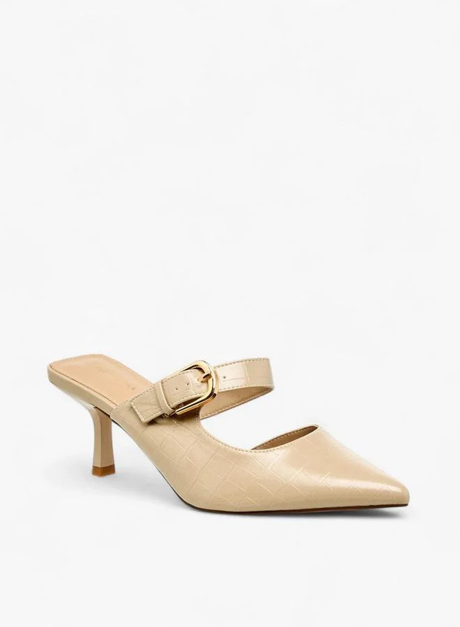 Flora Bella By Shoexpress Womens Textured Buckle Detail Flared Heel Mules