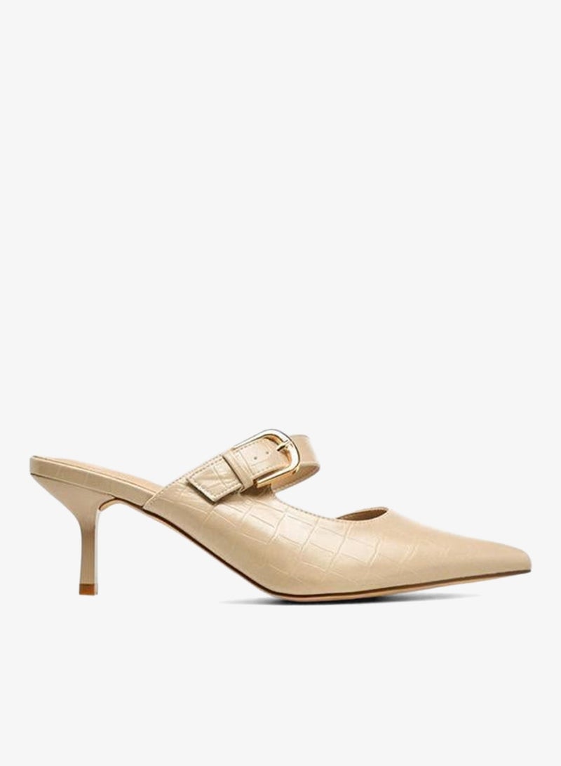 Flora Bella By Shoexpress Womens Textured Buckle Detail Flared Heel Mules - Image 2