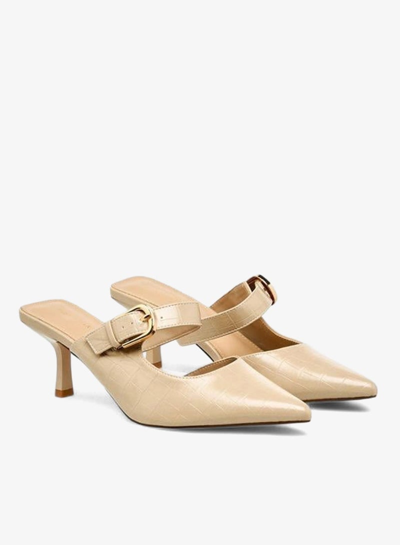 Flora Bella By Shoexpress Womens Textured Buckle Detail Flared Heel Mules - Image 1