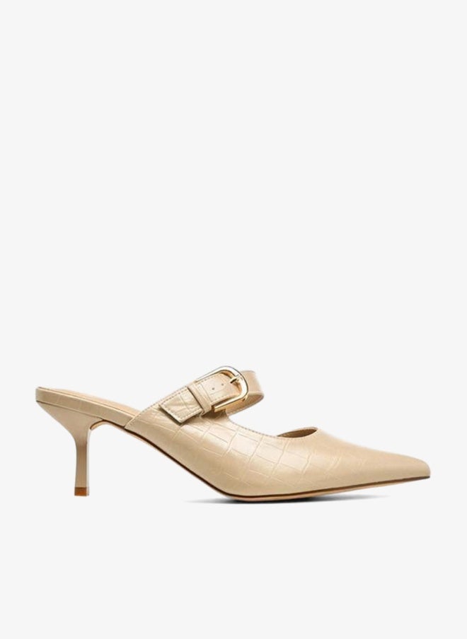 Flora Bella By Shoexpress Womens Textured Buckle Detail Flared Heel Mules - Image 3