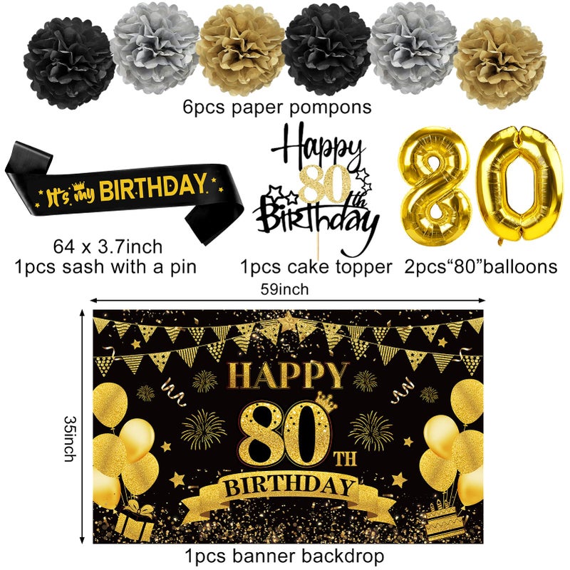 Eucutur 42PCS 80th Birthday Decoration Kit for Men Women, Black Gold Happy 80th Bday Banner Balloons Honeycomb Centerpiece Swirl Paper Pompoms Party Supplies, 80 Bday Sash Table Cake Topper Swirls Set - Image 3