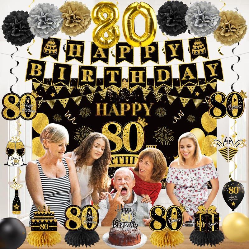 Eucutur 42PCS 80th Birthday Decoration Kit for Men Women, Black Gold Happy 80th Bday Banner Balloons Honeycomb Centerpiece Swirl Paper Pompoms Party Supplies, 80 Bday Sash Table Cake Topper Swirls Set - Image 5