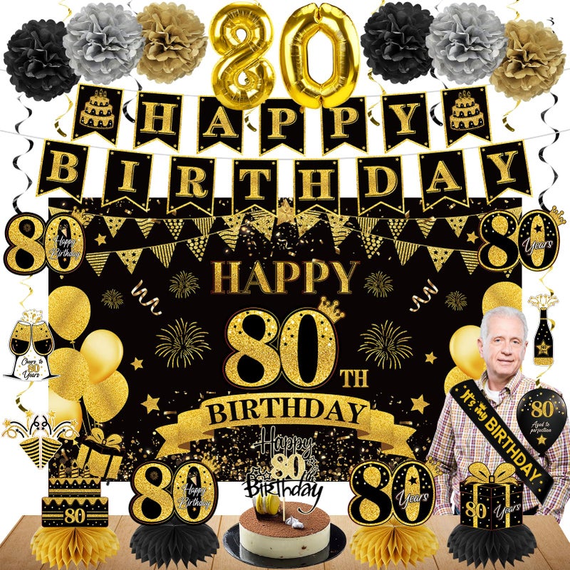 Eucutur 42PCS 80th Birthday Decoration Kit for Men Women, Black Gold Happy 80th Bday Banner Balloons Honeycomb Centerpiece Swirl Paper Pompoms Party Supplies, 80 Bday Sash Table Cake Topper Swirls Set - Image 1