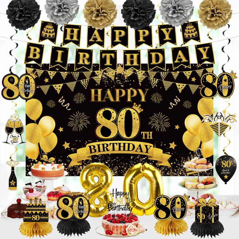 Eucutur 42PCS 80th Birthday Decoration Kit for Men Women, Black Gold Happy 80th Bday Banner Balloons Honeycomb Centerpiece Swirl Paper Pompoms Party Supplies, 80 Bday Sash Table Cake Topper Swirls Set - Image 4