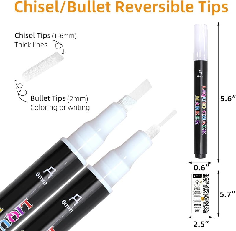 Artecho 4 Pack White Liquid Chalk Markers, 6mm Reversible Tip Pens - Image 4
