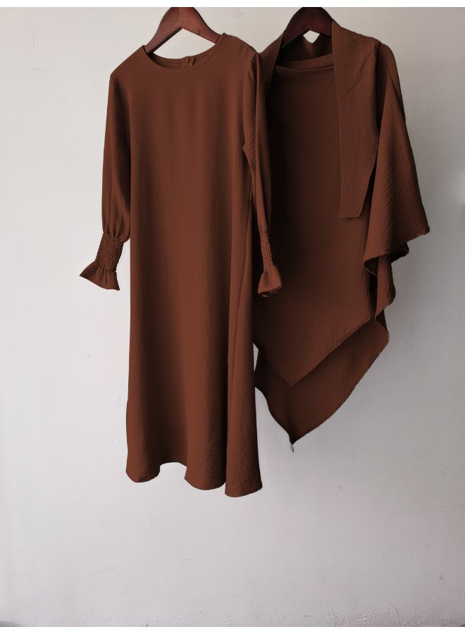 New Round Neck Solid Color Ruffled Hem Dress with Wave Pattern