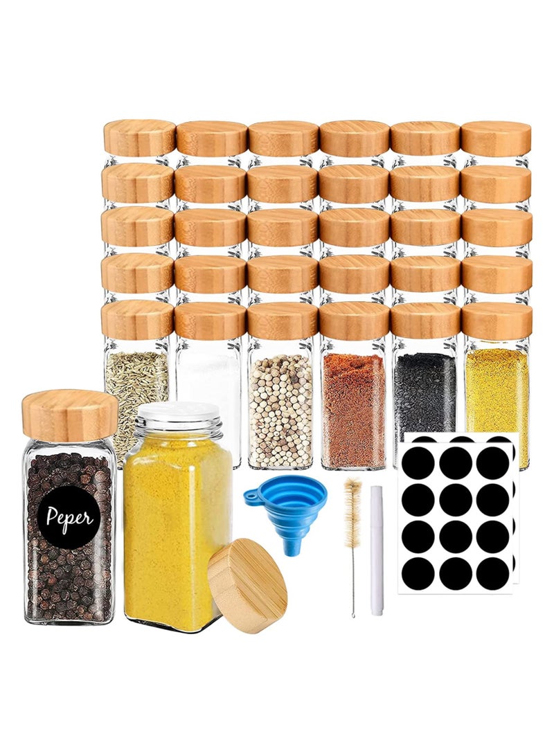 MIXDE 24 Pcs Spice Jars with Labels,4 oz Glass Spice Jars with Bamboo Lids,Spices Container Set with Stickers,Collapsible Funnel,Pen,Seasoning Storage Bottles for Spice Rack, Cabinet, Drawer  - Image 1