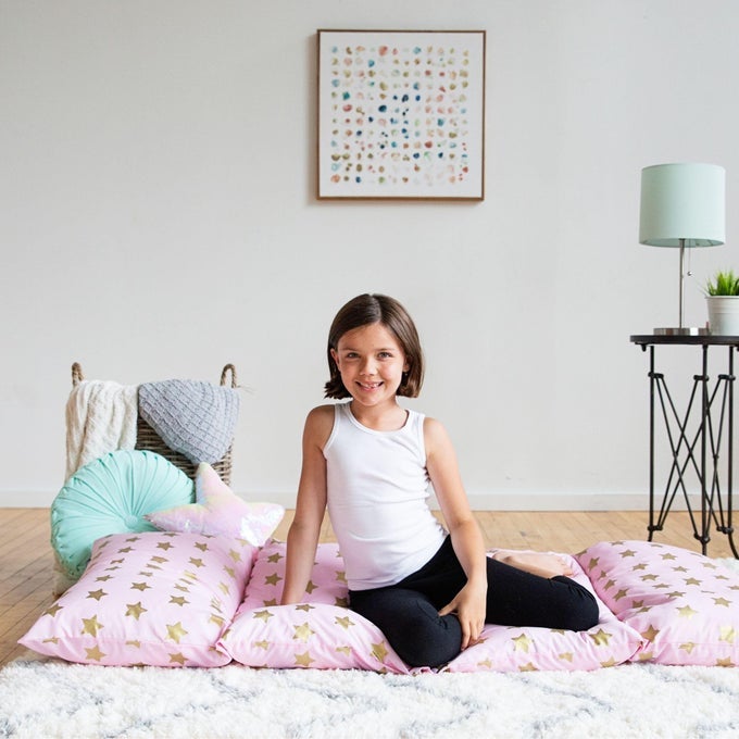 KIDS FLOOR LOUNGER PILLOW LOUNGER TRAVELFRIENDLY IDEAL FOR SLEEPOVERS FITS STANDARD PILLOWS PINK AND GOLD STARS