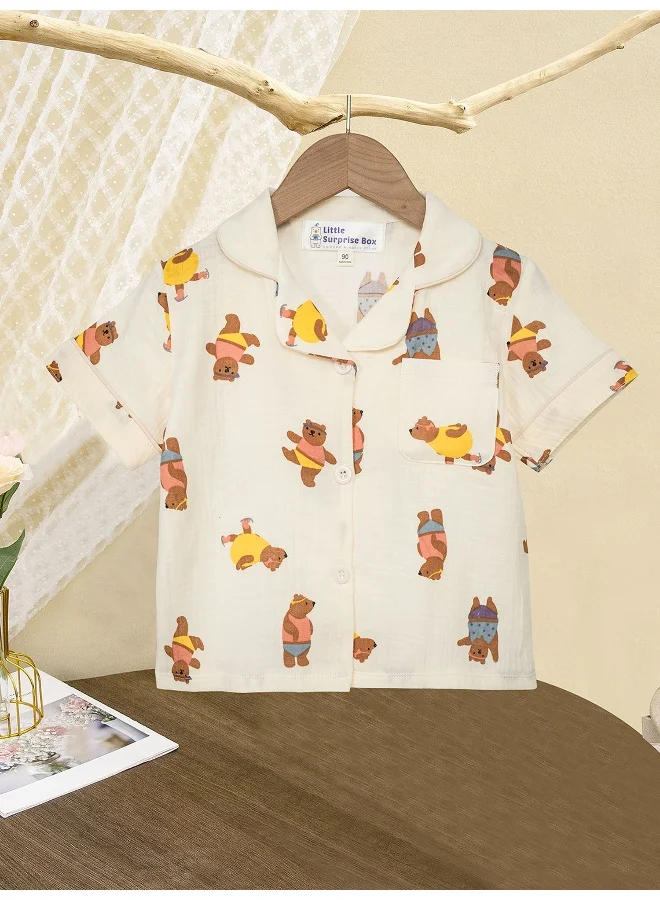 LITTLE SURPRISE BOX Dancing Bear print soft Muslin organic Cotton Kids Nightsuit