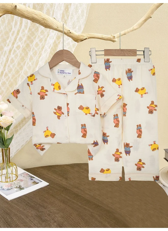 صندوق المفاجآت الصغيرة Dancing Bear print soft Muslin organic Cotton Kids Nightsuit