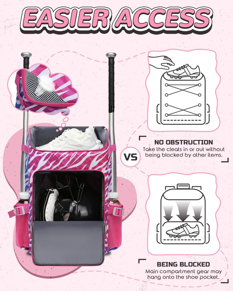 FOKDUVB Baseball Softball Gear Bag Backpack for Boys Girls Ages 8-12 12-14 Large Kids Youth Bat Bag with Ventilated Shoe Compartment Baseball Softball Players Stuff Supplies (Magenta, Zebra Print) - Image 3