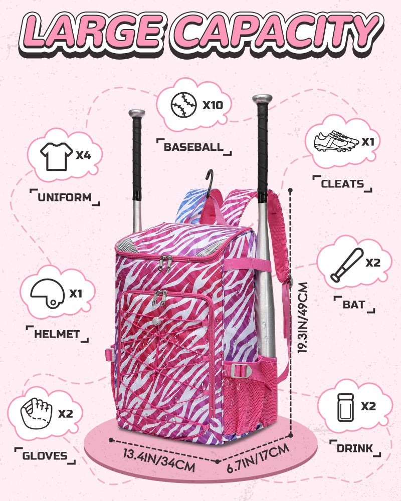 FOKDUVB Baseball Softball Gear Bag Backpack for Boys Girls Ages 8-12 12-14 Large Kids Youth Bat Bag with Ventilated Shoe Compartment Baseball Softball Players Stuff Supplies (Magenta, Zebra Print) - Image 2