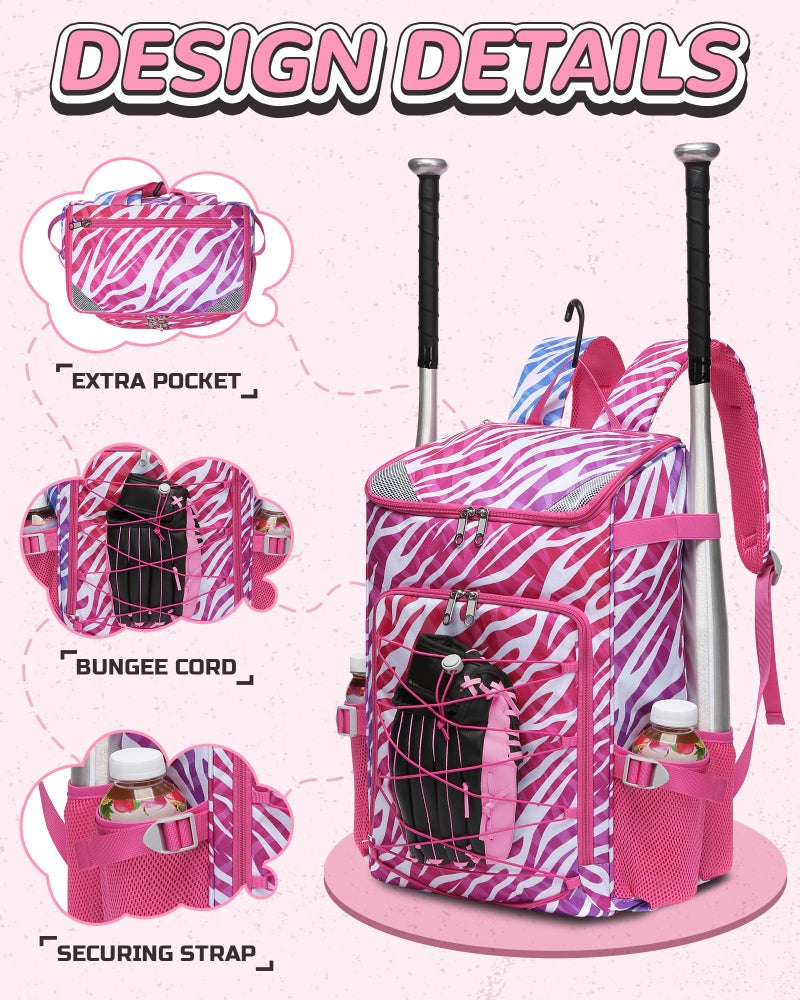 FOKDUVB Baseball Softball Gear Bag Backpack for Boys Girls Ages 8-12 12-14 Large Kids Youth Bat Bag with Ventilated Shoe Compartment Baseball Softball Players Stuff Supplies (Magenta, Zebra Print) - Image 4