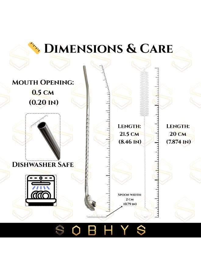 SOBHYS Premium Stainless Steel Spoon Straws Set, 304 Grade Steel, 21.5 cm Length, Rust-Resistant Filter Design, Silver, 7-Piece Set (6 Straws + Cleaning Brush), Dishwasher Safe – SOBHYS - Image 3