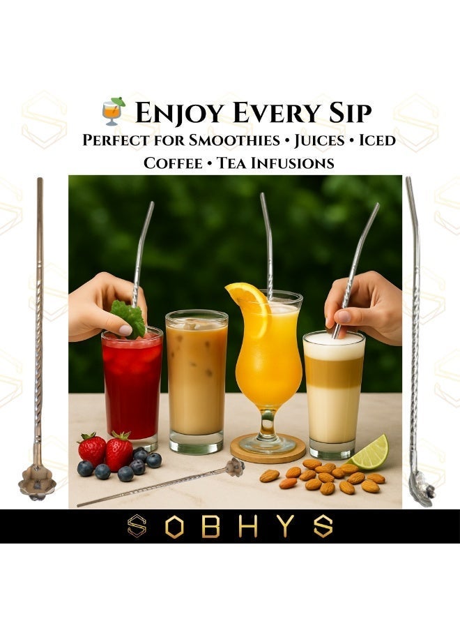 SOBHYS Premium Stainless Steel Spoon Straws Set, 304 Grade Steel, 21.5 cm Length, Rust-Resistant Filter Design, Silver, 7-Piece Set (6 Straws + Cleaning Brush), Dishwasher Safe – SOBHYS - Image 5