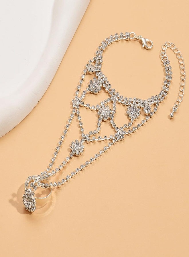 Chargances Elegant Rhinestone Finger Ring Bracelet Silver Shining Crystal Flower Hand Chain Bracelet Wedding Slave Hand Jewerly for Women Bridal (Style 3) - Image 4