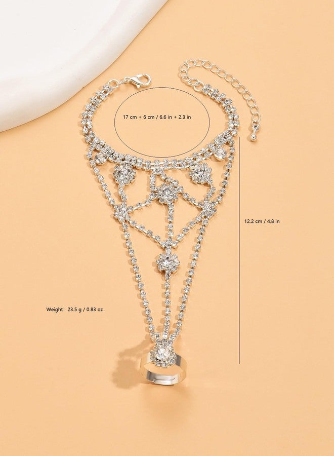 Chargances Elegant Rhinestone Finger Ring Bracelet Silver Shining Crystal Flower Hand Chain Bracelet Wedding Slave Hand Jewerly for Women Bridal (Style 3) - Image 5