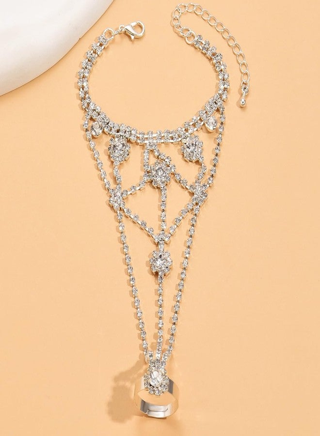 Chargances Elegant Rhinestone Finger Ring Bracelet Silver Shining Crystal Flower Hand Chain Bracelet Wedding Slave Hand Jewerly for Women Bridal (Style 3) - Image 3
